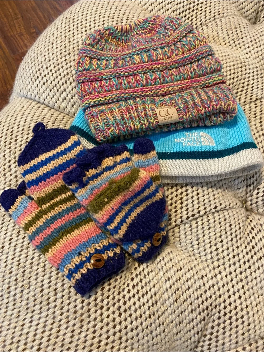 CC Boutique Multicolor Knit Beanie with Matching Striped Mittens